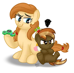Size: 899x889 | Tagged: safe, artist:aleximusprime, derpibooru import, button mash, oc, oc:cream heart, earth pony, pony, button's adventures, angry, buttonbetes, cute, duo, duo male and female, female, hat, jananimations, joyboy, madorable, male, mom, mother, mother and child, mother and son, ococtober, propeller hat, son, video game