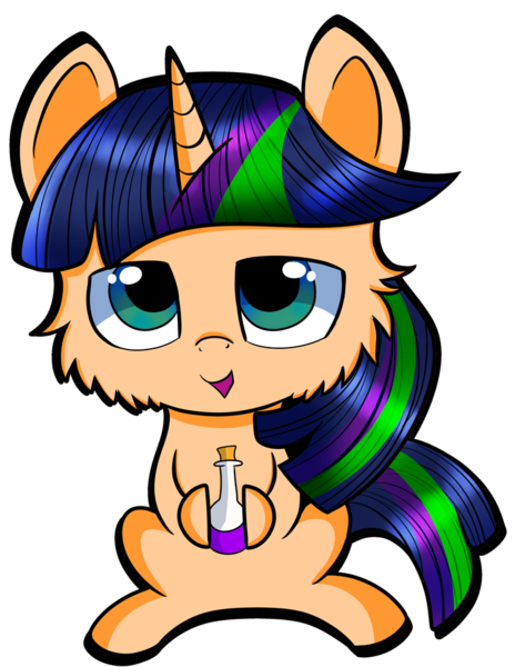 Size: 786x1017 | Tagged: safe, artist:rainbowtashie, derpibooru import, oc, oc:heckfy improver, unofficial characters only, pony, unicorn, chibi, commission, cute, digital art, holding, hoof hold, looking at you, male, potion, simple background, sitting, solo, stallion, transparent background