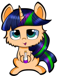 Size: 786x1017 | Tagged: safe, artist:rainbowtashie, derpibooru import, oc, oc:heckfy improver, unofficial characters only, pony, unicorn, chibi, commission, cute, digital art, holding, hoof hold, looking at you, male, potion, simple background, sitting, solo, stallion, transparent background