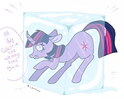 Size: 2500x2000 | Tagged: safe, artist:lowname, derpibooru import, twilight sparkle, pony, unicorn, curved horn, female, floppy ears, freeze spell, frozen, horn, ice, ice cube, magic, mare, solo, spell gone wrong, unicorn twilight