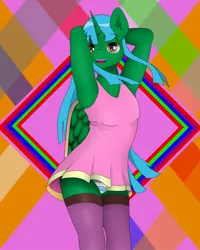Size: 800x1000 | Tagged: abstract background, alicorn, alicorn oc, anthro, arm behind head, armpits, artist:zeronitroman, clothes, cosplay, costume, crossdressing, dancing, derpibooru import, dress, femboy, horn, male, me!me!me!, oc, oc:frost d. tart, panties, panty shot, skirt, socks, solo, solo male, stockings, striped underwear, suggestive, thigh highs, underwear, unofficial characters only, upskirt, wig, wings