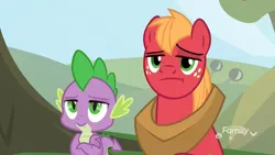 Size: 1920x1080 | Tagged: safe, derpibooru import, screencap, big macintosh, spike, dragon, earth pony, pony, the big mac question, big macintosh is not amused, crossed arms, discovery family logo, duo, furrowed brow, male, raised eyebrow, spike is not amused, stallion, unamused, unimpressed, winged spike