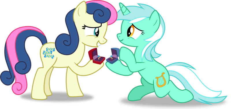 Size: 1370x650 | Tagged: safe, artist:frownfactory, derpibooru import, bon bon, lyra heartstrings, sweetie drops, earth pony, pony, unicorn, the big mac question, .svg available, canon ship, cutie mark, female, horn, jewelry, kneeling, lesbian, lyrabon, mare, marriage proposal, ring, shipping, simple background, svg, that was fast, transparent background, vector