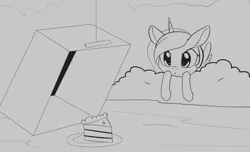 Size: 1997x1213 | Tagged: safe, artist:dusthiel, derpibooru import, princess luna, alicorn, pony, bush, cake, cardboard box, female, food, grayscale, hiding, inktober, inktober 2019, mare, monochrome, plate, smiling, solo, trap (device)