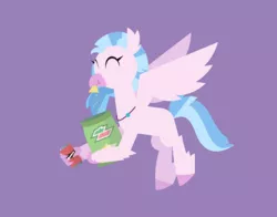 Size: 2364x1852 | Tagged: artist:gd_inuk, chips, classical hippogriff, claw hold, crumbs, derpibooru import, doritos, eating, eyes closed, female, flying, food, hippogriff, jewelry, lineless, logo parody, mountain dew, necklace, purple background, safe, silverstream, simple background, solo