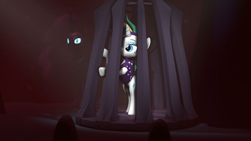 Size: 1280x720 | Tagged: safe, artist:oc1024, derpibooru import, nightmare moon, rarity, alicorn, pony, unicorn, 3d, alternate hairstyle, cage, duo, duo female, female, mare, punk, raripunk, source filmmaker