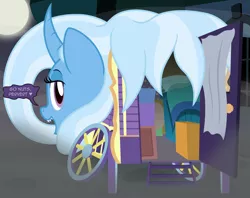 Size: 2743x2169 | Tagged: safe, artist:badumsquish, derpibooru import, trixie, ponified, monster pony, object pony, oboroguruma, original species, pony, youkai, canterlot, cart, curtains, curved horn, dark, dialogue, face down ass up, female, fog, full moon, grin, heart, horn, looking at you, looking back, looking back at you, mare, moon, night, open door, open mouth, prehensile mane, presenting, sharp teeth, show accurate, smiling, smug, species swap, spooky, street, talking to viewer, teeth, trixie's wagon, window