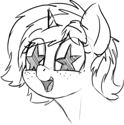 Size: 710x717 | Tagged: safe, artist:zippysqrl, derpibooru import, oc, oc:sign, unofficial characters only, pony, unicorn, bust, cute, female, freckles, grayscale, mare, monochrome, open mouth, sketch, solo, starry eyes, stars, wingding eyes