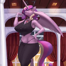 Size: 900x900 | Tagged: suggestive, alternate version, artist:kevinsano, derpibooru import, princess cadance, alicorn, anthro, unguligrade anthro, alicorn amulet, armpits, belly button, big breasts, breast expansion, breasts, bunny ears, busty princess cadance, clothes, curtains, erect nipples, female, growth, hand on hip, impossibly thin waist, midriff, milf, nipple outline, panties, patreon, patreon logo, smiling, solo, solo female, thong, underwear, window