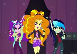 Size: 999x708 | Tagged: safe, artist:rainbow15s, derpibooru import, adagio dazzle, aria blaze, sonata dusk, oc, oc:celeste splash, equestria girls, dazzling, punk, the dazzlings