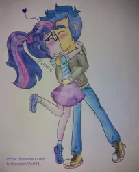 Size: 805x993 | Tagged: safe, artist:ro994, derpibooru import, flash sentry, sci-twi, twilight sparkle, equestria girls, equestria girls series, clothes, converse, eyes closed, female, flashlight, glasses, heart, hoodie, kissing, legs, male, pants, ponytail, sciflash, shipping, shoes, skirt, sneakers, socks, straight, traditional art