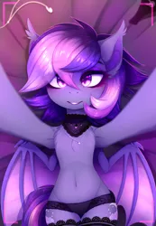 Size: 4320x6230 | Tagged: suggestive, artist:magnaluna, derpibooru import, oc, oc:midnight mist, unofficial characters only, bat pony, semi-anthro, armpits, bat pony oc, bat wings, belly button, black underwear, blushing, chest fluff, clothes, ear tufts, female, frilly underwear, jewelry, lingerie, mare, necklace, panties, selfie, smiling, socks, solo, solo female, stockings, thigh highs, underwear, wings