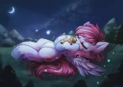 Size: 4961x3508 | Tagged: safe, artist:chaosangeldesu, derpibooru import, oc, oc:evening skies, oc:habile, unofficial characters only, deer, pegasus, pony, cuddling, cute, cutie mark, duo, female, macro, male, mare, micro, moon, night, size difference, sleeping, stallion, stargazing, stars