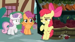 Size: 1920x1080 | Tagged: safe, derpibooru import, screencap, apple bloom, scootaloo, sweetie belle, earth pony, pegasus, pony, unicorn, the big mac question, apple, basket, bipedal, bipedal leaning, bushel basket, carrot, casual, confused, cutie mark crusaders, fake smile, female, filly, food, forced smile, leaning, market, raised eyebrow, raised hoof, shrunken pupils, smiling, spread wings, wide eyes, wings