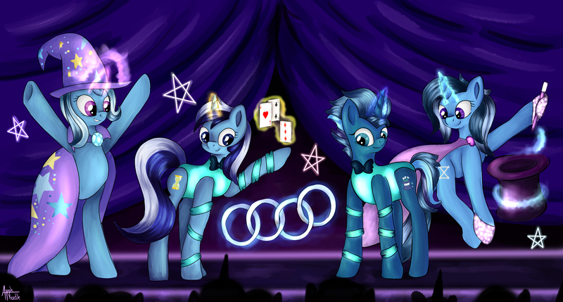 Size: 5296x2843 | Tagged: safe, artist:appleneedle, derpibooru import, minuette, trixie, oc, oc:twinkle mint, oc:wondermint, pony, unicorn, icey-verse, bipedal, bowtie, cape, clothes, commission, corset, family, female, gloves, glowing horn, hat, horn, jewelry, lesbian, magic, magic wand, magical lesbian spawn, magician, magician outfit, mare, minixie, mother and child, mother and daughter, offspring, parent:minuette, parent:trixie, parents:minixie, playing card, raised hoof, raised leg, ring, shipping, siblings, sisters, top hat, trixie's cape, trixie's hat