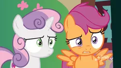Size: 1920x1080 | Tagged: safe, derpibooru import, screencap, scootaloo, sweetie belle, pegasus, pony, unicorn, the big mac question, confused, duo, female, filly, furrowed brow, grimace, gritted teeth, raised eyebrow, reaction image, spread wings, varying degrees of do not want, what has been seen, wings