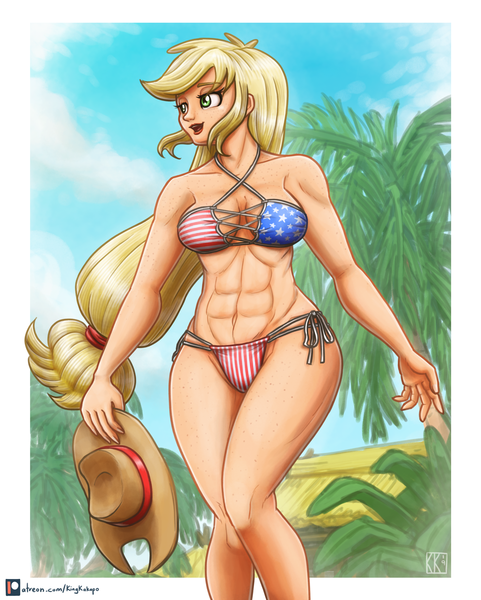 Size: 1725x2150 | Tagged: abs, american flag, american flag bikini, amerijack, applejack, artist:king-kakapo, beach, bikini, breasts, clothes, derpibooru import, flag bikini, human, humanized, ocean, open mouth, solo, suggestive, swimsuit