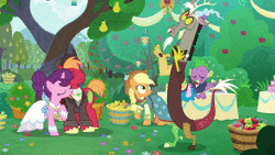 Size: 1920x1080 | Tagged: safe, derpibooru import, screencap, applejack, big macintosh, discord, mayor mare, spike, sugar belle, draconequus, dragon, earth pony, pony, unicorn, the big mac question, animated, apple, apple tree, bowtie, chaos magic, clothes, decoration, dress, food, freckles, hat, intertwined trees, lamp, living apple, marriage, pear, pear tree, singing, sound, spike is not amused, string, suit, tree, unamused, webm, wedding, wedding dress, winged spike