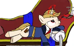 Size: 1080x675 | Tagged: safe, artist:uncreative, derpibooru import, oc, oc:regal inkwell, unofficial characters only, pony, unicorn, clothes, fainting couch, magic, nightrobe, pipe, robe, smoking, solo, telekinesis