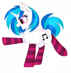 Size: 2844x2936 | Tagged: safe, artist:pesty_skillengton, derpibooru import, vinyl scratch, pony, unicorn, blushing, chest fluff, clothes, cute, ear fluff, open mouth, raised hoof, raised leg, simple background, socks, solo, striped socks, vinylbetes, white background