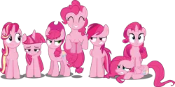 Size: 9000x4482 | Tagged: safe, artist:mrkat7214, derpibooru import, applejack, fluttershy, pinkie pie, rainbow dash, rarity, starlight glimmer, twilight sparkle, twilight sparkle (alicorn), alicorn, earth pony, pegasus, pony, unicorn, absurd resolution, annoyed, applejack is not amused, cute, eyes closed, grin, mane six, palette swap, pink, pinkie pie day, pronking, rainbow dash is not amused, recolor, simple background, smiling, transparent background, twilight is not amused, unamused, vector