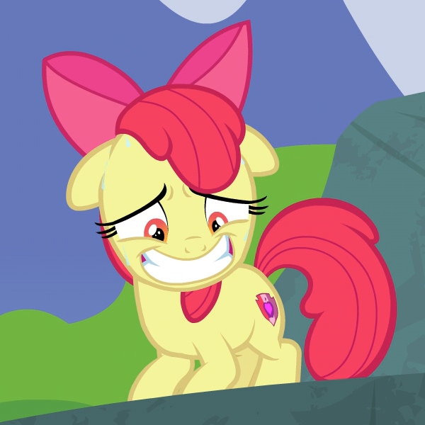 Size: 600x600 | Tagged: safe, derpibooru import, screencap, apple bloom, earth pony, pony, the big mac question, bow, cropped, cutie mark, embarrassed, female, filly, floppy ears, foal, grin, hair bow, sheepish grin, smiling, solo, sweat