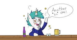 Size: 2460x1308 | Tagged: safe, artist:wuzntme808, derpibooru import, oc, oc:snowy blue, pony, unicorn, alcohol, bar, beer, beer bottle, drink, drinking, drunk, solo