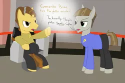 Size: 2400x1600 | Tagged: safe, artist:mightyshockwave, derpibooru import, grand pear, mudbriar, earth pony, pony, the big mac question, dialogue, james t kirk, spock, spockbriar, star trek, technically, uss enterprise, voice actor joke