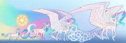 Size: 1527x524 | Tagged: safe, artist:turnipberry, deleted from derpibooru, derpibooru import, princess celestia, oc, unofficial characters only, alicorn, pony, unicorn, age progression, blue background, cheek feathers, cloven hooves, colored hooves, cutie mark, dewclaw, ethereal mane, female, filly, filly celestia, foal, large wings, mare, peacock feathers, peacock tail, race swap, simple background, solo, spread wings, teenager, unicorn celestia, winged hooves, wings, younger