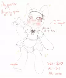 Size: 1642x1914 | Tagged: advertisement, artist:adostume, bipedal, blushing, clothes, commission, cute, derpibooru import, dress, eyes open, fangs, heart eyes, lineart, maid, master, oc, safe, semi-anthro, solo, speech, talking, tray, unofficial characters only, wingding eyes, your character here