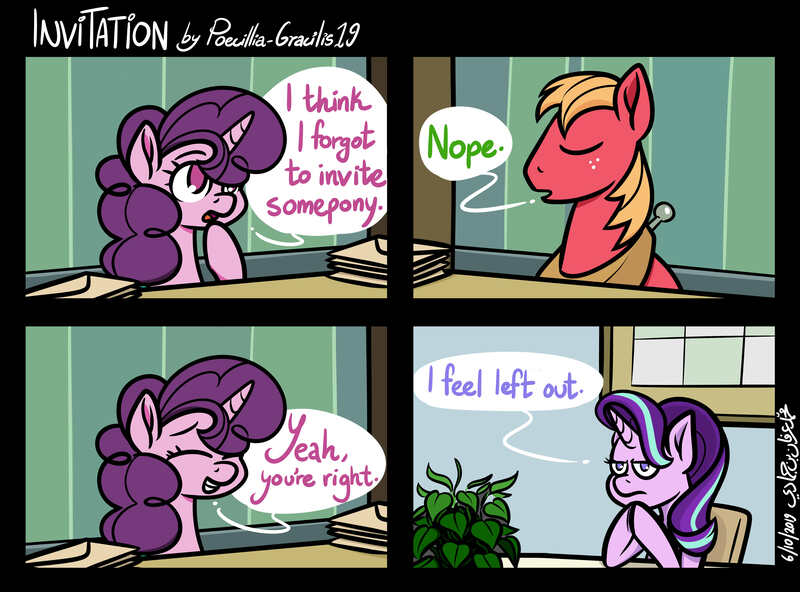 Size: 5401x4000 | Tagged: safe, artist:poecillia-gracilis19, derpibooru import, big macintosh, phyllis, starlight glimmer, sugar belle, pony, the big mac question, comic, forgotten, i think i forgot something, left out, meme, philodendron