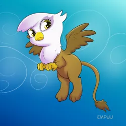 Size: 1000x1000 | Tagged: safe, artist:empyu, derpibooru import, gilda, gryphon, 30 minute art challenge, cute, digital art, female, flying, gildadorable, looking at you, paws, solo, spread wings, toes, wings, younger