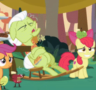 Size: 192x180 | Tagged: safe, derpibooru import, screencap, apple bloom, granny smith, scootaloo, earth pony, pegasus, pony, the big mac question, animated, apple, food, living apple, picture for breezies, rocking chair, sleeping