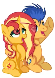 Size: 1057x1505 | Tagged: safe, artist:emberskydragon, derpibooru import, flash sentry, sunset shimmer, pegasus, pony, unicorn, eye clipping through hair, eyeshadow, female, flashimmer, looking up, makeup, male, mare, shipping, stallion, straight