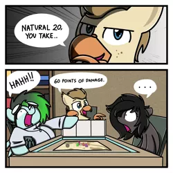 Size: 2560x2560 | Tagged: safe, artist:sugar morning, derpibooru import, oc, oc:bolton, oc:gryph xander, oc:maya madrigal, unofficial characters only, gryphon, pony, birthday gift, bookshelf, bust, clothes, comic, dice, dungeons and dragons, female, laughing, male, map, mare, miniature, pen and paper rpg, playing, portrait, rpg, stallion, surprised, table, text