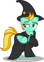 Size: 3099x4377 | Tagged: safe, artist:vector-brony, derpibooru import, lightning dust, pegasus, pony, absurd resolution, clothes, commission, crossover, female, harry potter, hat, lidded eyes, mare, necktie, raised eyebrow, raised hoof, robe, shirt, simple background, slytherin, smiling, smirk, solo, transparent background, vector, witch hat