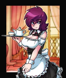 Size: 2123x2500 | Tagged: artist:ciderpunk, clothes, derpibooru import, female, human, humanized, humanized oc, looking at you, maid, oc, oc:burgundy chalice, safe, solo, tray, unofficial characters only