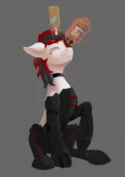 Size: 2480x3508 | Tagged: safe, artist:settop, derpibooru import, oc, oc:blackjack, unofficial characters only, cyborg, pony, unicorn, fallout equestria, fallout equestria: project horizons, fanfic, alcohol, augmented, bottle, cyber legs, drunk, fanfic art, female, glowing horn, gray background, hooves, horn, levitation, magic, mare, one eye closed, queen, queen whiskey, simple background, sitting, solo, telekinesis, the uses of unicorn horns, whiskey, wild pegasus