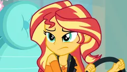 Size: 1920x1080 | Tagged: safe, derpibooru import, screencap, sunset shimmer, driving miss shimmer, equestria girls, equestria girls series, driving miss shimmer: fluttershy, faic, female, fluttershy's car, geode of empathy, magical geodes, seatbelt, solo, steering wheel