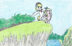 Size: 1682x1084 | Tagged: safe, artist:triforce-treasure, derpibooru import, oc, oc:bay breeze, oc:triforce treasure, unofficial characters only, earth pony, pegasus, pony, chest pounding, colored pencil drawing, jungle, mountain, scenery, traditional art, waterfall