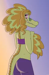 Size: 1735x2614 | Tagged: suggestive, artist:suchosophie, derpibooru import, adagio dazzle, alligator, anthro, reptile, equestria girls, adagio dat-azzle, butt, clothes, dazzlegator, fangs, female, freckles, looking at you, looking back, looking back at you, pants, scalie, smiling, solo, solo female, species swap, sunset, tube top, yoga pants