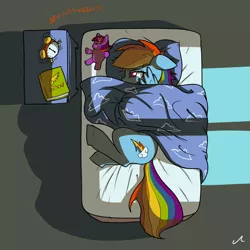 Size: 3000x3000 | Tagged: safe, artist:docwario, artist:friendshipishorses, color edit, derpibooru import, edit, rainbow dash, twilight sparkle, pegasus, pony, alarm clock, bed, bedsheets, bedside stand, blanket, book, clock, colored, cutie mark, dashtober, female, floppy ears, implied lesbian, implied shipping, implied twidash, mare, morning, morning ponies, pillow, plushie, sad, solo, waking up