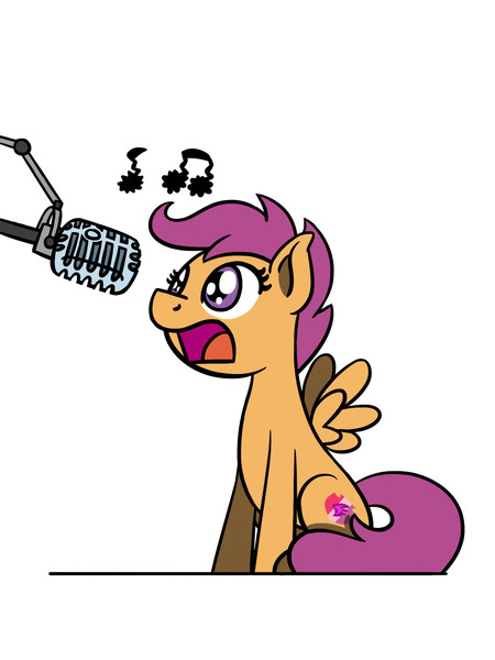 Size: 1280x1707 | Tagged: safe, artist:flutterluv, derpibooru import, scootaloo, pegasus, pony, cutie mark, female, filly, microphone, music notes, open mouth, ponified animal photo, simple background, singing, sitting, solo, the cmc's cutie marks, white background