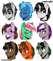 Size: 4093x4685 | Tagged: safe, artist:jcosneverexisted, derpibooru import, oc, oc:creative flair, oc:delta, oc:ice walker, oc:ivy rose, oc:jack rabbit, oc:logic loop, oc:marrón, oc:pepper, oc:splash heal, unofficial characters only, pony, female, male, mare, one of these things is not like the others, stallion