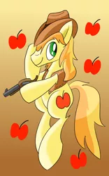 Size: 1500x2400 | Tagged: safe, artist:notadeliciouspotato, derpibooru import, braeburn, earth pony, pony, abstract background, apple, clothes, colt single action army, cowboy hat, food, gun, handgun, hat, hoof hold, male, revolver, solo, stallion, weapon