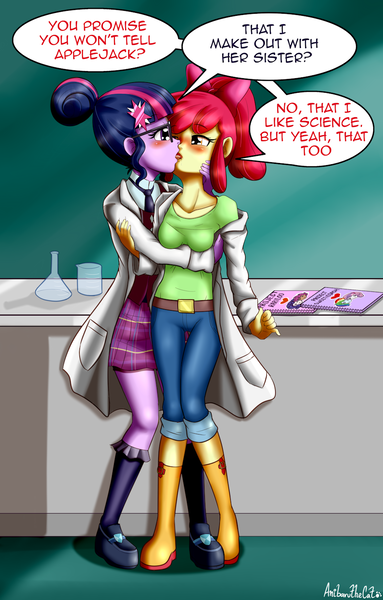 Size: 920x1443 | Tagged: suggestive, artist:anibaruthecat, derpibooru import, apple bloom, rainbow dash, rarity, sci-twi, scootaloo, sweetie belle, twilight sparkle, equestria girls, breasts, clothes, cutie mark crusaders, dialogue, female, kissing, lab coat, lesbian, making out, rariloo, shipping, signature, sweetiedash, twibloom