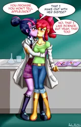 Size: 920x1443 | Tagged: suggestive, artist:anibaruthecat, derpibooru import, apple bloom, rainbow dash, rarity, sci-twi, scootaloo, sweetie belle, twilight sparkle, equestria girls, breasts, clothes, cutie mark crusaders, dialogue, female, kissing, lab coat, lesbian, making out, rariloo, shipping, signature, sweetiedash, twibloom