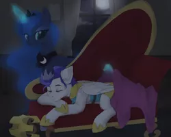 Size: 2500x2000 | Tagged: safe, artist:sinner_png, derpibooru import, princess luna, oc, alicorn, pegasus, pony, commission, couch, crown, cute, glowing horn, helmet, hoof shoes, horn, jewelry, magic, peytral, regalia, royal guard, sleeping, telekinesis, ych result