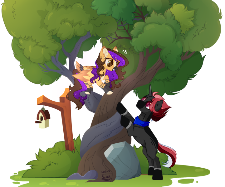 Size: 3190x2655 | Tagged: safe, artist:manella-art, derpibooru import, oc, oc:midnight daydream, pegasus, pony, unicorn, bandana, bird house, female, hair over one eye, heart, heart eyes, high res, intertwined trees, male, mare, rock, simple background, stallion, transparent background, tree, wingding eyes