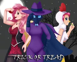 Size: 2500x2000 | Tagged: safe, artist:focusb, derpibooru import, fluttershy, mare do well, pinkie pie, bat pony, human, animal costume, bat ponified, breasts, busty fluttershy, chicken suit, clothes, costume, flutterbat, halloween, halloween costume, holiday, humanized, looking at you, race swap, smiling